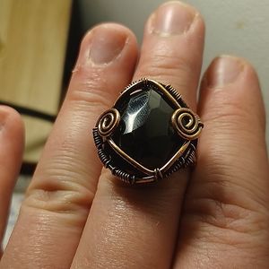 Black Quartz Gemstone Wire Wrap Ring Size 8 Handcrafted Copper Jewelry